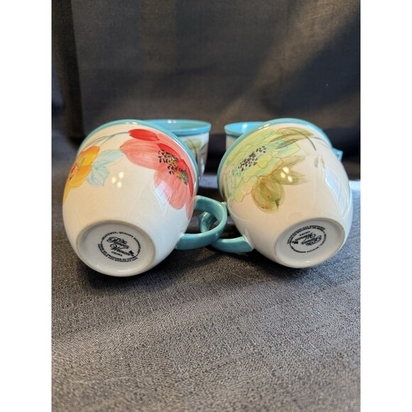 Pioneer Woman Vintage Flea Market Floral Turquoise 16 Oz Coffee Cups Mugs (4) - Picture 4 of 5